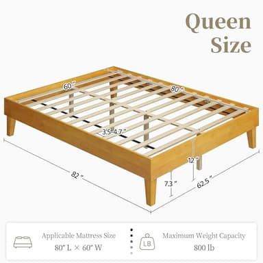 Yaheetech Queen Bed Frame Natural Solid Wood Platform Bed with Wooden Slats Support, 12-inch Underbed Space for Storage, Noise-Free Design, Easy Assembly, Natural Wood Finish - Image 2