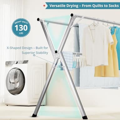 JAUREE 95 Inches Clothes Drying Rack, Drying Rack Clothing Folding Indoor Outdoor, Heavy Duty Stainless Steel Laundry Rack, Foldable Portable Large Clothes Rack Garment Rack with 20 Windproof Hooks - Image 3