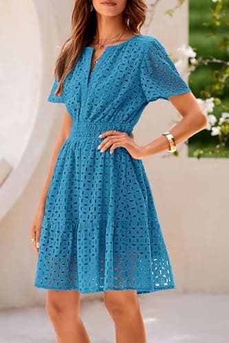 PRETTYGARDEN Womens 2025 Summer Short Dress V Neck Short Sleeve A Line Hollow Out Lace Ruffle Cute Casual Beach Party Dresses (Lake Blue,Large) - Image 7