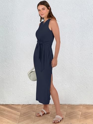 ANRABESS Womens Summer Casual Sleeveless T Shirt Midi Dress Slim Fit Tie Waist Split Tank Long Dresses 2025 Vacation Sundress Navy Blue Large - Image 5