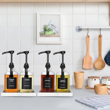 Coffee Syrup Dispenser for Coffee Bar, Glass Syrup Dispenser with Pump, Coffee Syrup Pump Dispenser Bottle with Tray, Spoon for Coffee Station, Coffee Bar Organizer, Black,16.9 oz, 500 ml - Image 6