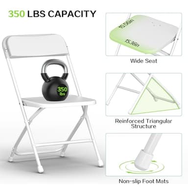 QUJEON Folding Chairs 10 Pack,White Plastic Folding Chairs for Indoor Outdoor,Portable Stackable Commercial Seat with Steel Frame 350lb.Capacity for Party Events Wedding Dining Picnic Office - Image 4