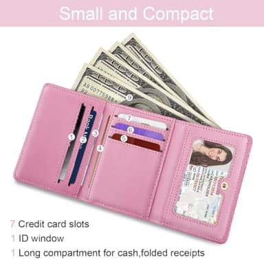 Trifold Small RFID Blocking Wallet Pocket Cute Short Slim Sparkling Credit Card Holder Leather Keychain Ladies Mini Purse with ID Window, Glitter Peach - Image 2