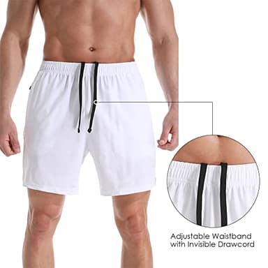 Gerlobal Men's 7" Athletic Running Shorts Lightweight Quick Dry Gym Workout Shorts with Zipper Pockets White,Medium - Image 5