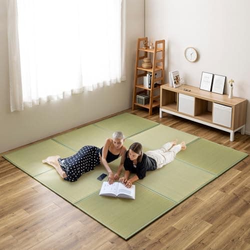HAGiHARA Japanese Tatami Mat, Patchwork Tatami Floor Mats, 96" x 96" Foldable Square with Non-Slip Design for Bedroom, Crawling and Yoga, Made of Rush Grass, Igusa(with Edge/9 Picecs) - Image 1