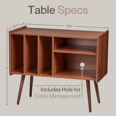 LOFT + IVY Record Player Stand with Vinyl Storage – Turntable Table with Shelves and Backboard – Walnut Wood Frame Vinyl Record Storage with Headphone Hook – Compact Audio Stand with Stabilizers - Image 3