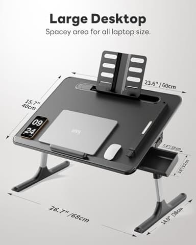 Laptop Table with LED Desk Light, SAIJI Laptop Stand for Bed, Height Adjustments Bed Desk with Book Stand for Reading Writing Drawing (Black) - Image 9