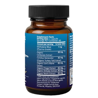 Nutricel Methylene Blue Capsules with Mushroom Extracts: Lion's Mane, Reishi, Cordyceps, Chaga, Shiitake, Turkey Tail - Trusted Made in America Brand - 7mg (USP Reference Compliant) (60ct) - Image 3