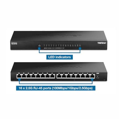 TRENDnet 16-Port Unmanaged 2.5G Desktop Network Ethernet Switch, TEG-S3160, 16 x 2.5Gb RJ-45 Ports, 80Gbps Switching Capacity, Ethernet Splitter, NDAA & TAA Compliant, Lifetime Protection, Black - Image 9