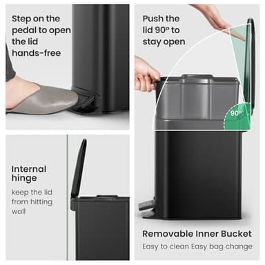 Cesun Small Bathroom Trash Can with Lid Soft Close, Step Pedal, 6 Liter / 1.6 Gallon Stainless Steel Garbage Can with Removable Inner Bucket, Anti-Fingerprint Finish (Matt Black) - Image 6