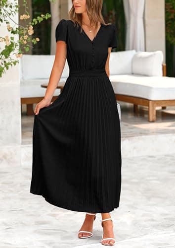 PRETTYGARDEN Women's Summer Maxi Dresses 2025 Trendy Casual Button V Neck Ruffle Cap Sleeve Long Flowy Pleated Dress (Black,Medium) - Image 6