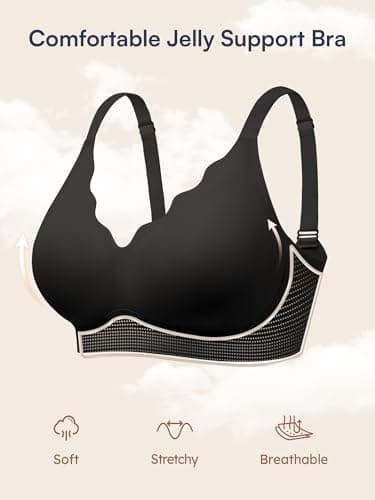 Cuteio Wireless Jelly Bras for Women No Underwire with Support - Seamless Wirefree Bralettes Everyday Full Coverage Comfort Tshirt Padded Bra Black L - Image 4