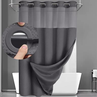 YellyHommy No Hook Shower Curtain with Snap in Liner Set Less Time Dark Grey Waffle Shower Curtain for Bathroom 75" L x 72" W - Image 1