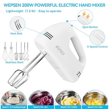 WEPSEN Hand Mixer Electric Mixing Bowls Set, 5 Speeds Handheld Mixer with 4 Nesting Stainless Steel Mixing Bowl, Measuring Cups Spoons 200W Kitchen Blender Whisk Beater Baking Supplies For Beginner - Image 3