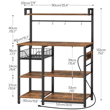 HOOBRO Bakers Rack with Power Outlet, 35.4 Inches Coffee Bar with Mesh Basket, Microwave Stand with 4 S-Shaped Hooks, Kitchen Bakers Rack with Storage, Easy to Assemble, Rustic Brown BF05HB01 - Image 3