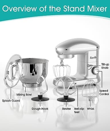 Facelle Stand Mixer, Electric Kitchen Mixer, 6 Speed Tilt-Head Stand Mixer with Pulse, Attachments include 6.5QT Bowl, Dishwasher Safe Beater, Dough Hook, Whisk for Dough, Baking,Cakes, Cookie -Silver - Image 6