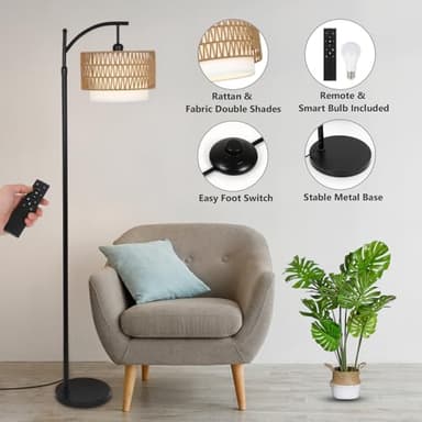 Arc Floor Lamp for Living Room with 3 Color Temperatures, Farmhouse Floor Lamps with Remote & Dimmable Bulb, Boho Standing Lamp with Rattan & Fabric Shades, Adjustable Tall Lamp for Bedroom, Office - Image 4