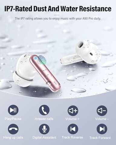 Wireless Earbuds, Bluetooth 5.4 Headphones Bass Stereo, Ear Buds with Noise Cancelling Mic, IP7 Waterproof in Ear Earphones, 36H LED Display Bluetooth Earbuds for Laptop Pad Phones Sports, Rose Gold - Image 8
