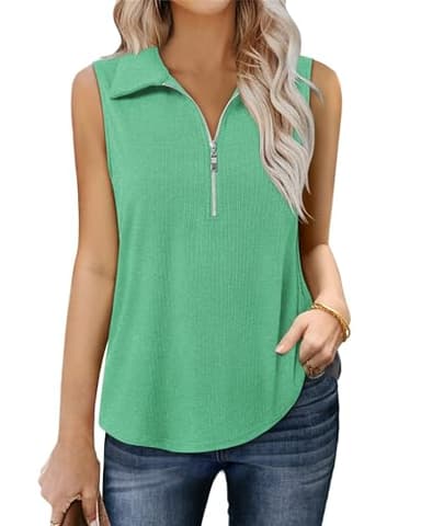 Vivilli Tops for Women Trendy Spring Summer Tank Top Sleeveless Blouses Casual Work Clothes Women's Polo Shirts Zip Ladies Resort Wear Office Outfits Business Cute Tunic Ribbed Tanks Pool Blue XL - Image 3