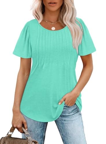 Womens Summer Tops Loose Fit Round Neck Short Sleeve Pleated T Shirts Beach Vacation Essentials Aqua M - Image 2