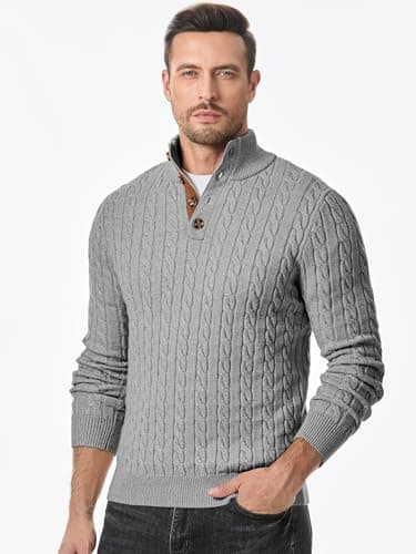 JMIERR Men's Cable Knit Slim Fit Casual Long Sleeve Essentials Soft Touch Button Stand Collar Wool Christmas Sweaters, M, Grey - Image 6