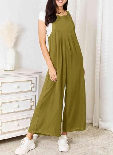 Dokotoo Womens Overalls Guacamole Green Jumpsuits for Women Casual Loose Fit Solid Color Wide Leg One Piece Sleeveless Jumpsuit Adjustable Straps Long Pant Rompers with Pockets Medium - Image 3