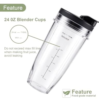 4 Pieces Ninja Blender Cups Replacement Parts 24oz with Lids Upgraded Blender Cups for Nutri Ninja Auto iQ, BN401, BN751, BN801, BN800, BL450, BL456, BL480, SS401, SS101, SS151, SS351 - Image 4