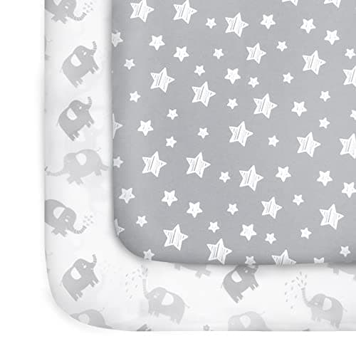 Pack and Play Sheets, 2 Pack Mini Crib Sheets, Stretchy Playard Fitted Sheet, Compatible with Graco Pack n Play, Soft and Breathable Material, Stars & Elephant - Image 1