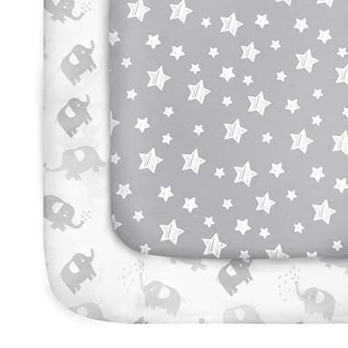 Pack and Play Sheets, 2 Pack Mini Crib Sheets, Stretchy Playard Fitted Sheet, Compatible with Graco Pack n Play, Soft and Breathable Material, Stars & Elephant - Image 1