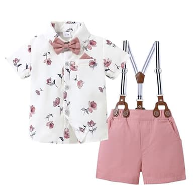 nilikastta Toddler Boy Outfits Toddler Suit For Boys Toddler Outfits For Boys Pink Summer Formal Short Shirt/Bowtie/Suspender 2-3T - Image 1