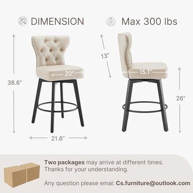 Counter Height Barstools 26 inch Upholstered Button Tufted Swivel Bar Stools with Back and Wood Legs for Kitchen Island,Set of 4,Beige-Nailhead Trim - Image 2