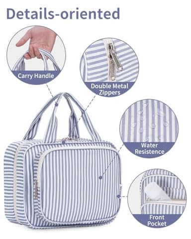 Narwey Striped Hanging Toiletry Bag for Women Travel Makeup Bag Organizer Toiletries Bag for Travel Size Essentials Accessories Cosmetics (Greyish Blue Stripe (Medium)) - Image 5