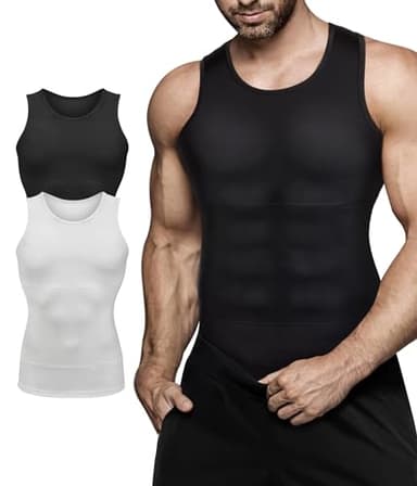 Mens Compression Shirt Slimming Body Shaper Vest Workout Tank Tops Abs Abdomen Undershirts 2 Packs - Black+White, Large - Image 1