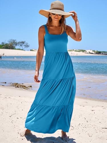 ANRABESS Women's Summer Casual Long Maxi Beach Vacation Dresses Sleeveless Square Neck Flowy Tiered Sun Dress with Pockets Blue Large - Image 2