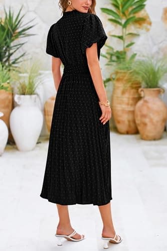 PRETTYGARDEN Womens Summer Midi Dresses Puff Short Sleeve V Neck Swiss Dot Pleated A Line Flowy Long Wedding Guest Dress (Black,Large) - Image 6