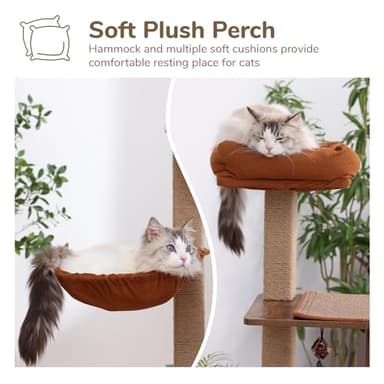 FUKUMARU Cat Tree, 4 in 1 Large Modern Cats Tower with Jute Scratching Post and Hammock, Wood Cat Condo with silvervine Balls, Brown Cat Climber Stand Playhouse for Indoor Cats, Retro Style - Image 5