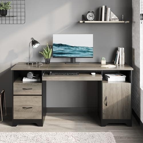 Bestier 59” Executive Desk with 2 Drawers, Computer Desk with Storage Cabinet, Industrial Wood Desk with File Drawer, Keyboard Tray & 2 Pedestals for Home Office & Studio, Gray - Image 1
