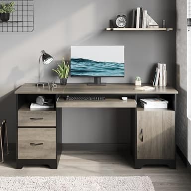 Bestier 59” Executive Desk with 2 Drawers, Computer Desk with Storage Cabinet, Industrial Wood Desk with File Drawer, Keyboard Tray & 2 Pedestals for Home Office & Studio, Gray - Image 1
