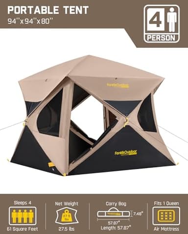 FanttikOutdoor Alpha C4 Ultra Camping Tent 4 Person Pop Up Instant Cabin Setup in 60 Seconds Portable Hub Tent with Rainfly & Windproof for Outdoor Camping & Overlanding, Khaki - Image 2
