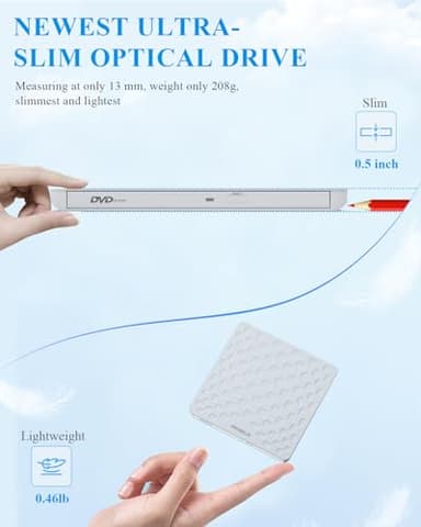 ORIGBELIE External CD/DVD Drive for Laptop, Ultra Slim 13mm USB 3.0 Type-C Portable DVD Player CD Burner Reader Writer Recorder for Desktop PC Windows 11/10/8/7 Linux Mac OS, White - Image 2