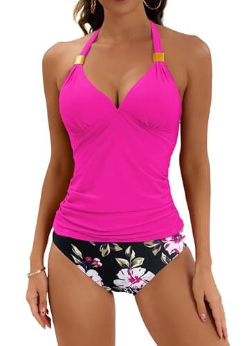 B2prity Halter Tankini Swimsuit for Women Tummy Control Two Piece Bathing Suit V Neck Swimwear with Shorts - Image 1