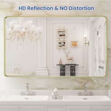 WEER Gold Bathroom Mirror, 50X30 Inch Brushed Gold Metal Frame Mirror, Rounded Rectangle Gold Bathroom Vanity Mirror for Wall, Tempered Glass, Anti-Rust, Hangs Horizontally or Vertically - Image 2