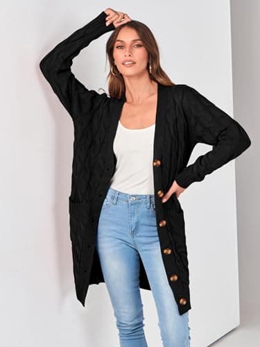 PRETTYGARDEN Long Sleeve Cable Knit Long Cardigan for Women 2025 Fall Winter Chunky Open Front Button Sweaters with Pockets (Black, Medium) - Image 3
