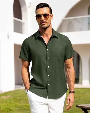 Alimens & Gentle Mens Linen Shirts Short Sleeve Button Down Shirts Wrinkle Free Casual Vacation Beach Summer Tops,Olive Green,L - Image 3
