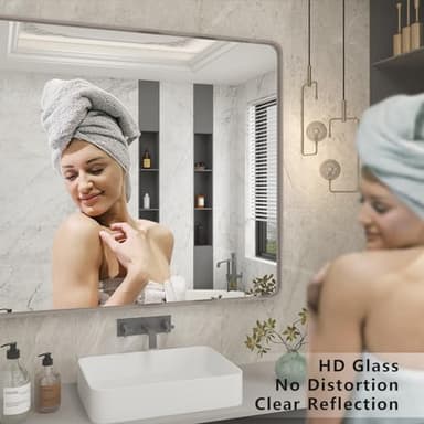CHARMOR 44x36 Silver Brushed Nickel Bathroom Mirror for Wall, Rounded Rectangle Silver Framed Bathroom Vanity Mirror, Anti-Rust, Shatterproof, Hangs Horizontally or Vertically - Image 4