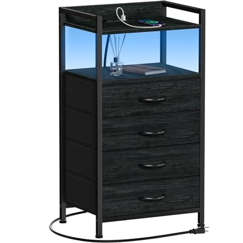 Furnulem Night Stand with Charging Station, Black Nightstand with Drawers and Led Light, Tall Dresser for Bedroom, Bedside Table with Fabric Storage Bins, Metal Frame, Wood Furniture - Image 1