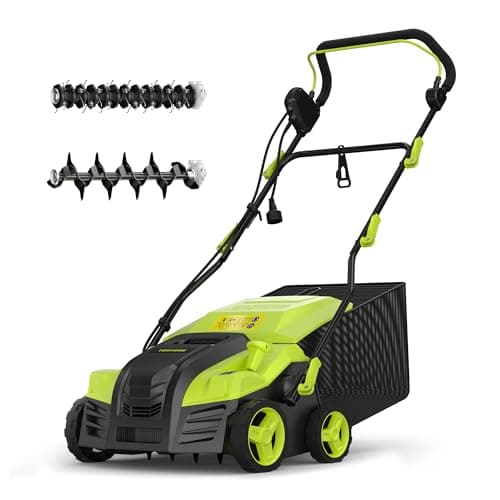 16-Inch Electric Dethatcher and Scarifier, YERYORK 2-in-1 Lawn Dethatcher with Powerful 15 AMP Motor 14.5Gal Collection Bag 5-Position Depth Foldable Handle for Lawns & Garden (Green) - Image 1