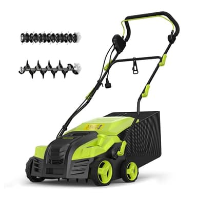 16-Inch Electric Dethatcher and Scarifier, YERYORK 2-in-1 Lawn Dethatcher with Powerful 15 AMP Motor 14.5Gal Collection Bag 5-Position Depth Foldable Handle for Lawns & Garden (Green) - Image 1