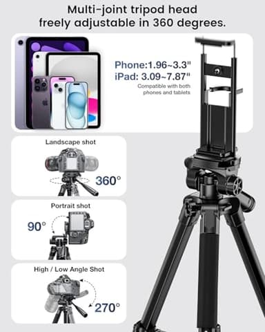 CAMBOFOTO 73" Camera Tripod and Monopod, Professional Aluminum Tripod Stand for Mirrorless Camera/DSLR/Cell Phone/Camcorder/GoPro, with Phone Holder and Travel Bag (Black) - Image 5