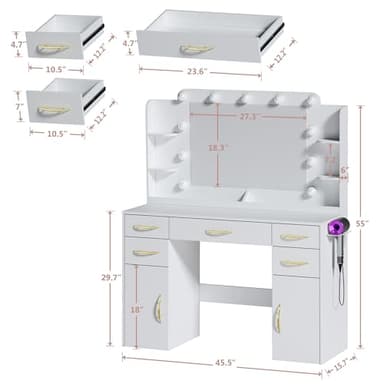 ALEXNUTRE Makeup Vanity Desk with Lights, 45.5" Large Vanity with Mirror and Lights in 3 Models, Vanity with Power Outlet, Vanity Desk with 5 Drawers, 2 Cabinets, Shelves for Bedroom, White - Image 2
